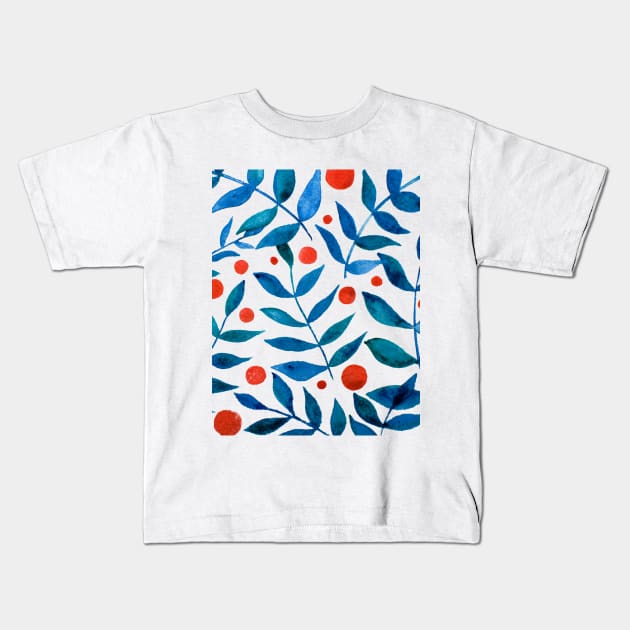 Watercolor branches and berries - orange and blue Kids T-Shirt by wackapacka